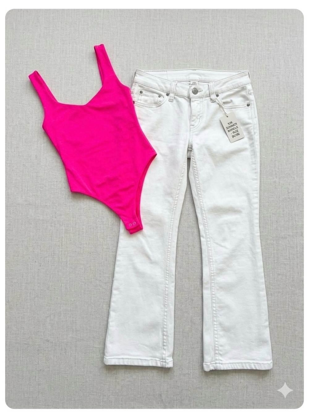 Y2K Aesthetic Outfit Bundle - Hot Pink Bodysuit & White Bootcut Jeans Set